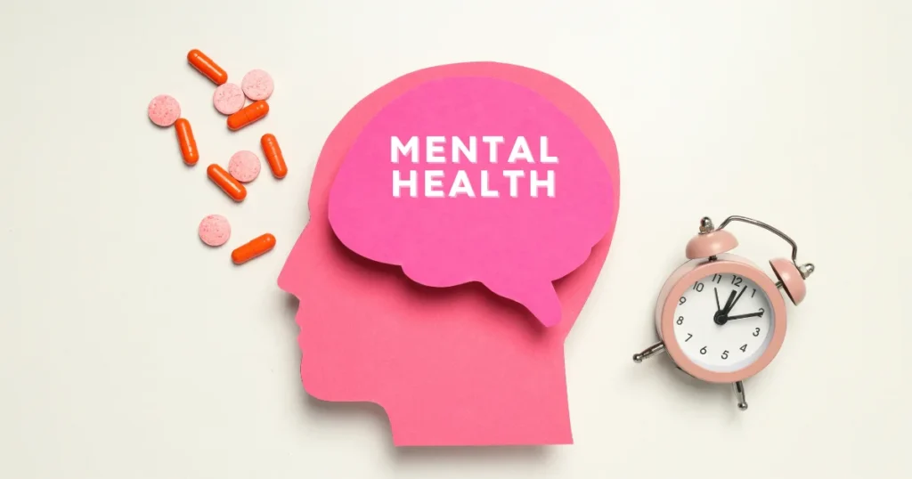 Concept of Parkinson's and mental health with pills, clock, and brain cutout illustration