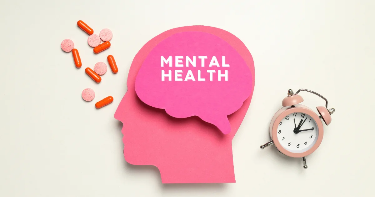 Concept of Parkinson's and mental health with pills, clock, and brain cutout illustration