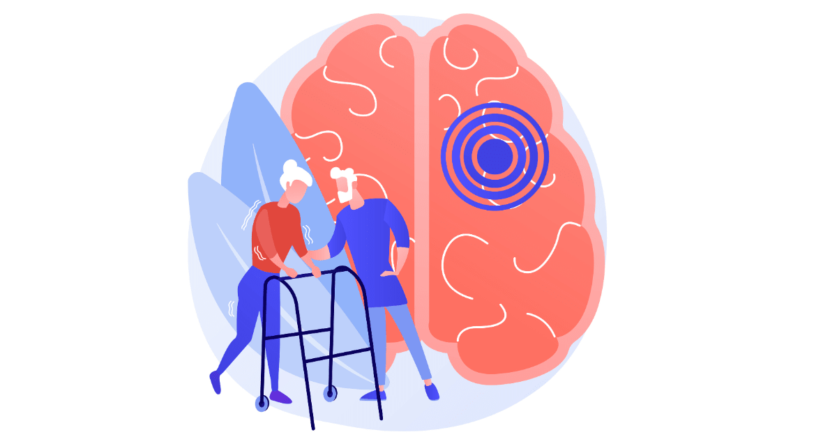 Illustration comparing essential tremor vs Parkinson's disease with elderly patient using walker and brain graphic