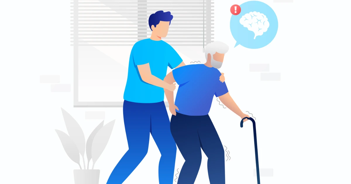 Parkinson's Plus Syndromes support, a caregiver helping elderly patient with walking difficulties
