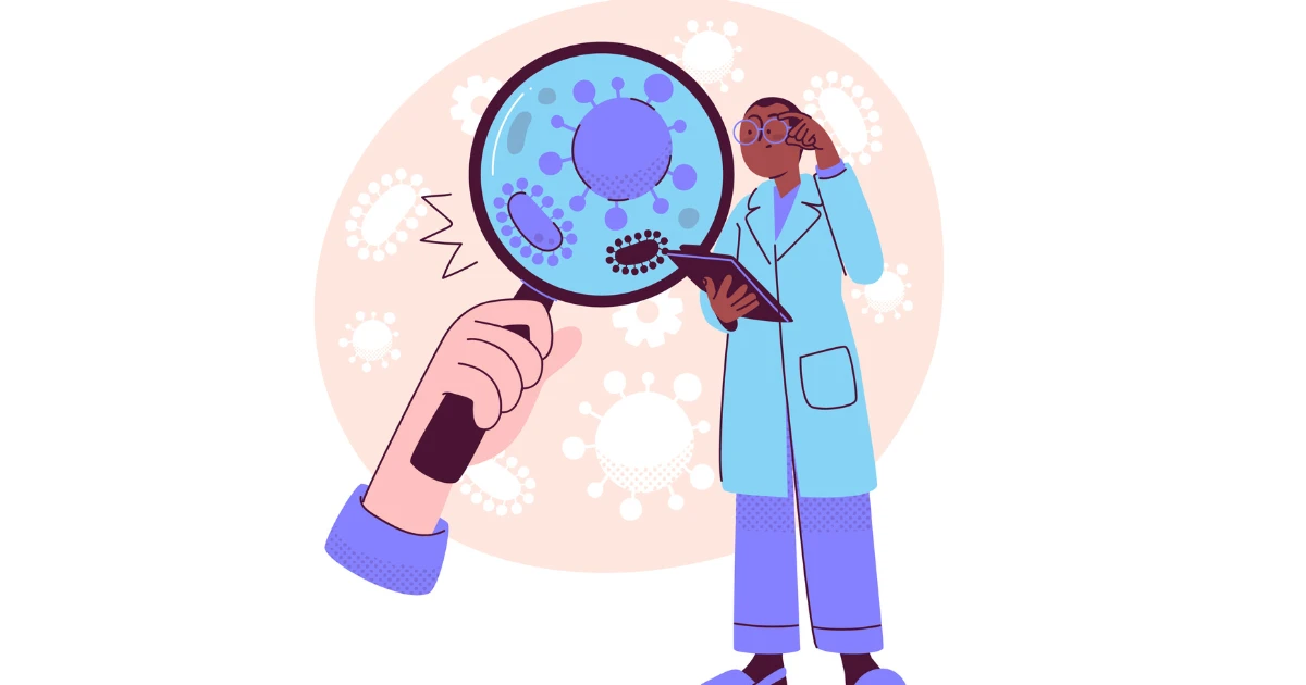 Doctor examining liver health and genetic factors linked to Wilson's disease under magnifying glass illustration