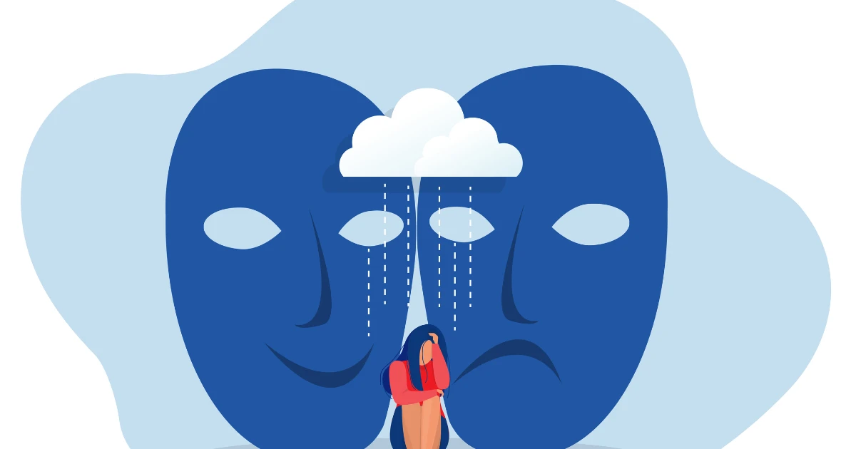Illustration showing a sad woman under a rain cloud between two blue masks representing changing emotions, symbolizing depression and mood disorders.