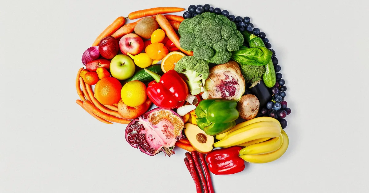 A colorful arrangement of fruits and vegetables shaped like a human brain, symbolizing foods that support anti-inflammatory diets and brain health.