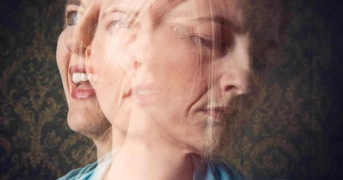 A blurred double exposure of a woman's face and upper body, representing altered movement and perception associated with Functional Movement Disorders.