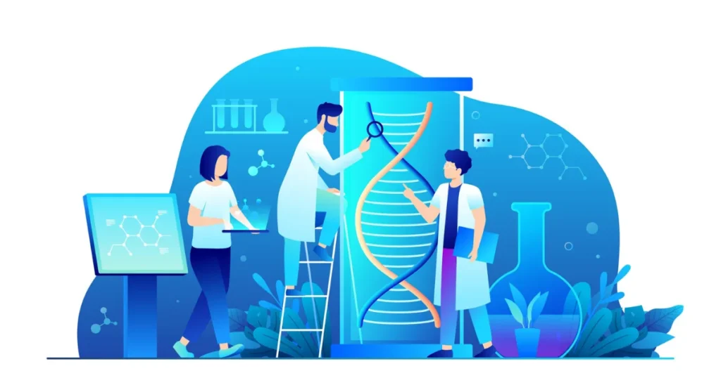 Researchers analyzing DNA structure and data to study the genetic basis of movement disorders in a modern laboratory setting.