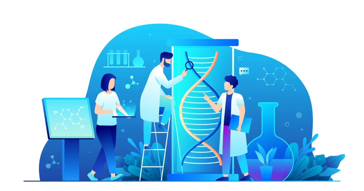 Researchers analyzing DNA structure and data to study the genetic basis of movement disorders in a modern laboratory setting.