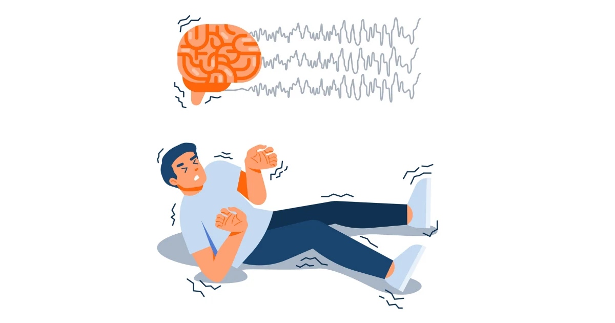 Person experiencing muscle spasms with brain activity waves showing how emotional and physical stress worsen dystonia