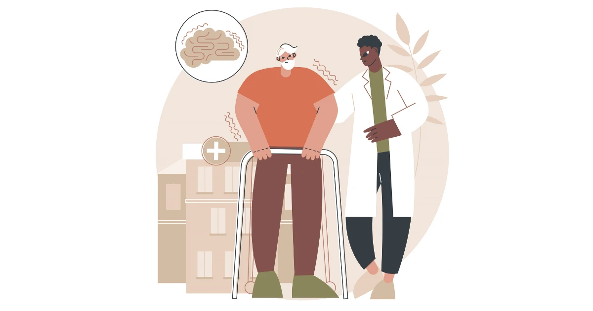 Treatment for Essential Tremor, healthcare professional assisting elderly patient with walker