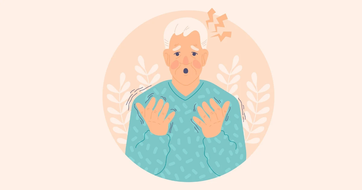 Illustration of an elderly man experiencing hand tremors, highlighting the need lifelong treatment for essential tremor.
