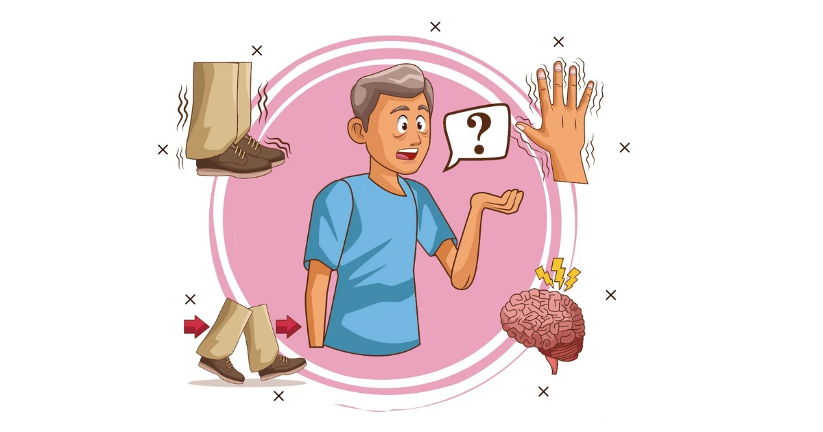 Illustration showing how Parkinson's happen with symptoms like hand tremor, leg shaking, walking difficulty, and brain changes.