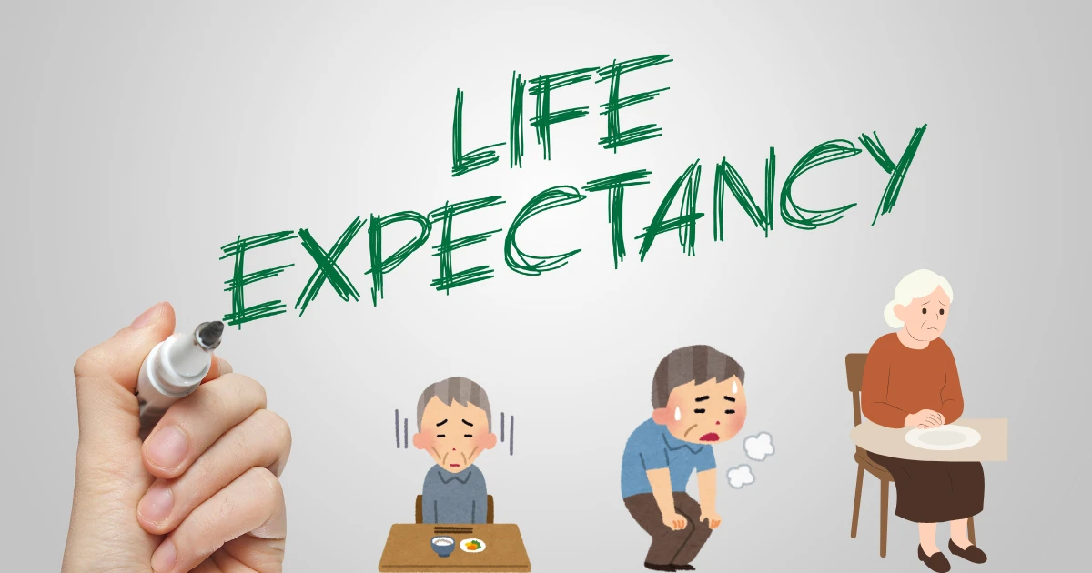Illustration showing different stages of aging with the Life Expectancy of Huntington's Disease.