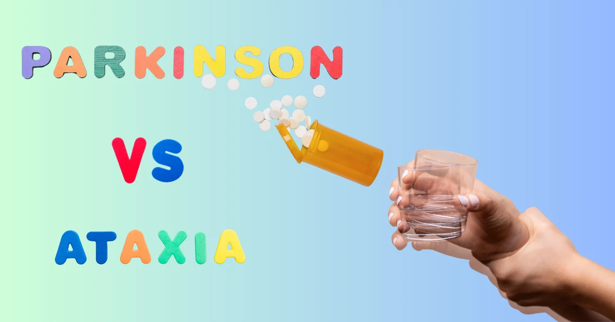 Colorful illustration showing the comparison between Ataxia vs Parkinson’s, with a hand holding a glass of water and pills spilling from a container.