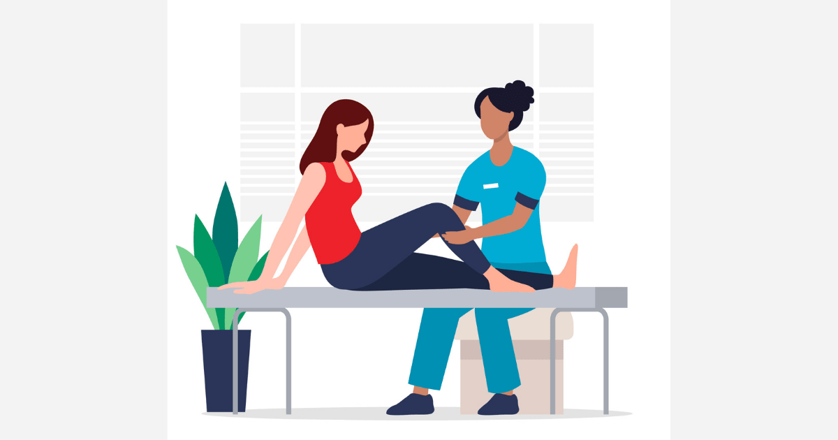 A healthcare professional assists a woman in physical rehabilitation, helping her rebuilding balance on a therapy table. The scene suggests a supportive and clinical environment focused on recovery.