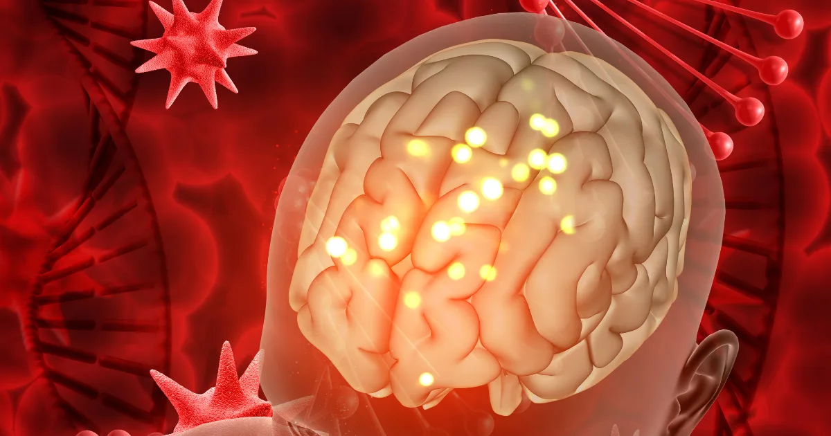 3D illustration of a human brain showing neural activity and copper buildup, representing Wilson’s Disease care and management.