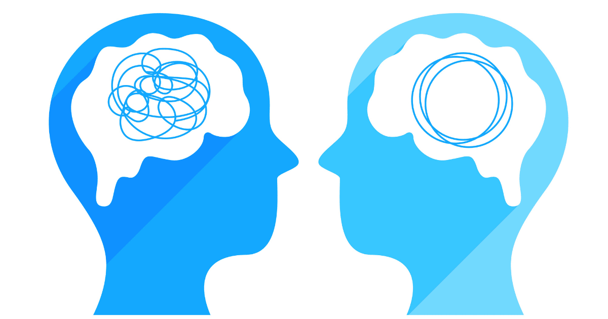 Illustration showing two human heads; one has a tangled swirl in the brain area, and the other has smooth, clear circles, representing Neurological and mental health conditions.