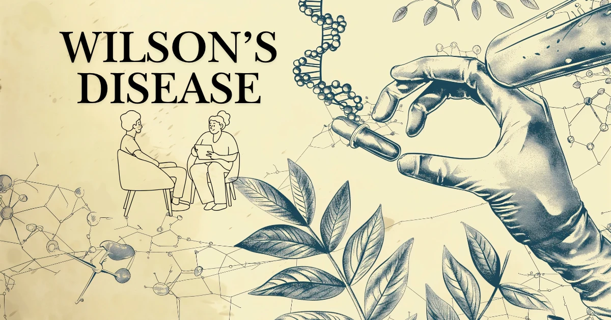 Illustration symbolizing Genetic Counselling for Wilson’s Disease, showing a doctor consulting a patient with scientific and genetic imagery in the background.