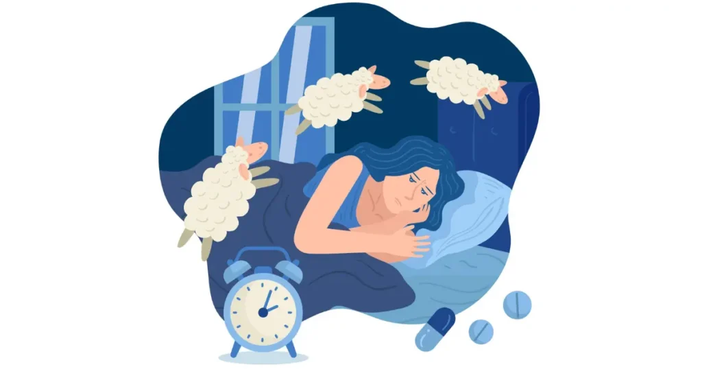 Illustration of a woman struggling to sleep at night with floating sheep and medicines around her, representing sleep-related MSA symptoms.