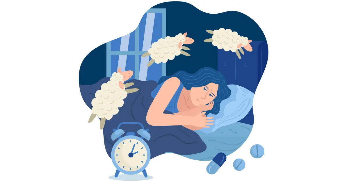 Illustration of a woman struggling to sleep at night with floating sheep and medicines around her, representing sleep-related MSA symptoms.