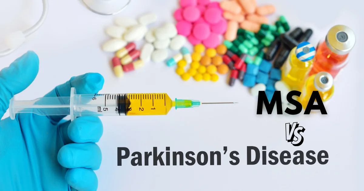 Medical comparison concept showing MSA and Parkinson’s Disease treatment differences with syringe and colorful pills.