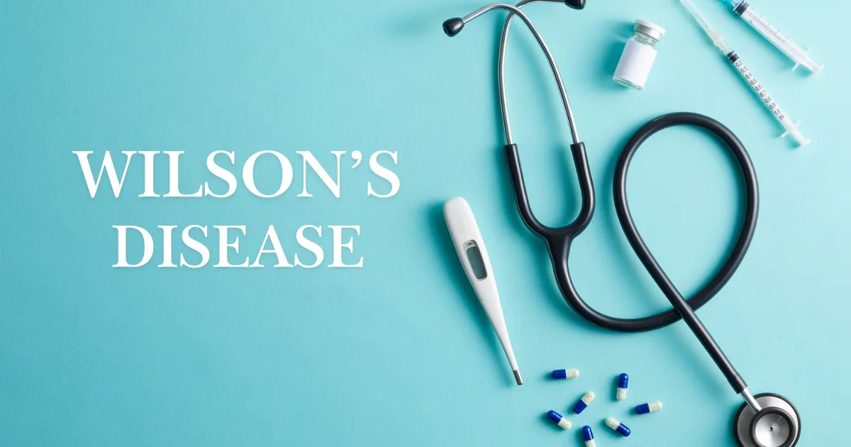 Medical equipment, capsules, and a stethoscope on a blue background representing Wilson’s Disease treatment and care.