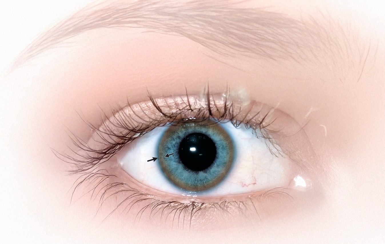 Close-up image of an eye showing the Kayser-Fleischer ring, a key diagnostic sign of Wilson’s Disease.