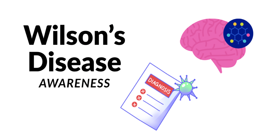 Illustration highlighting Wilson’s Disease Awareness with brain graphic and medical diagnosis form.