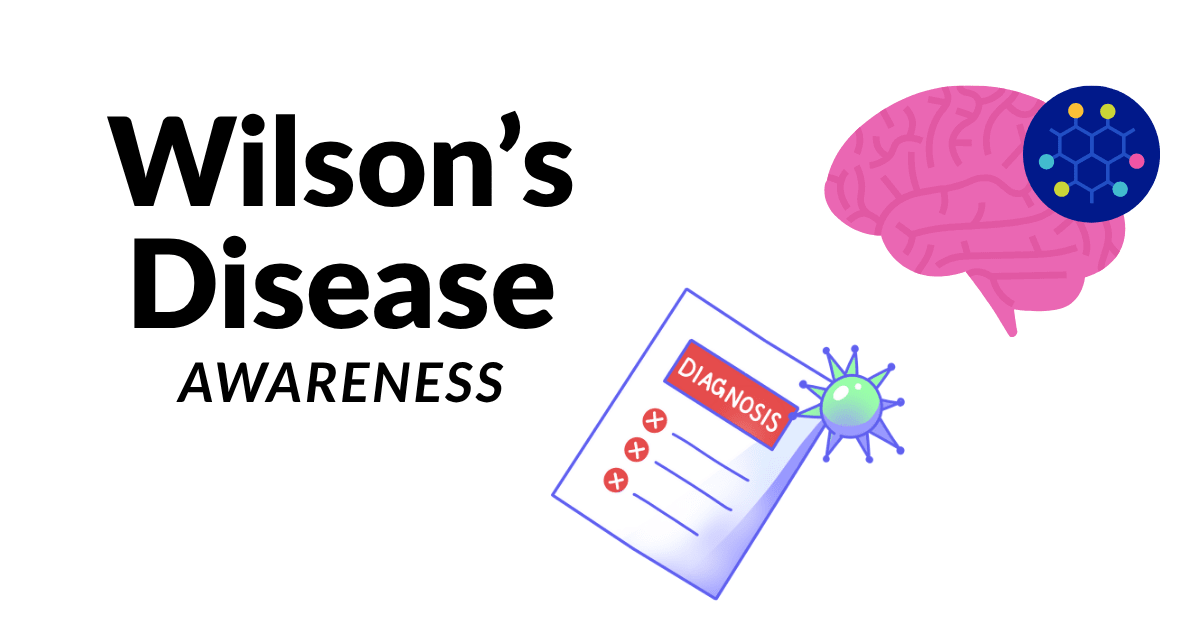 Illustration highlighting Wilson’s Disease Awareness with brain graphic and medical diagnosis form.
