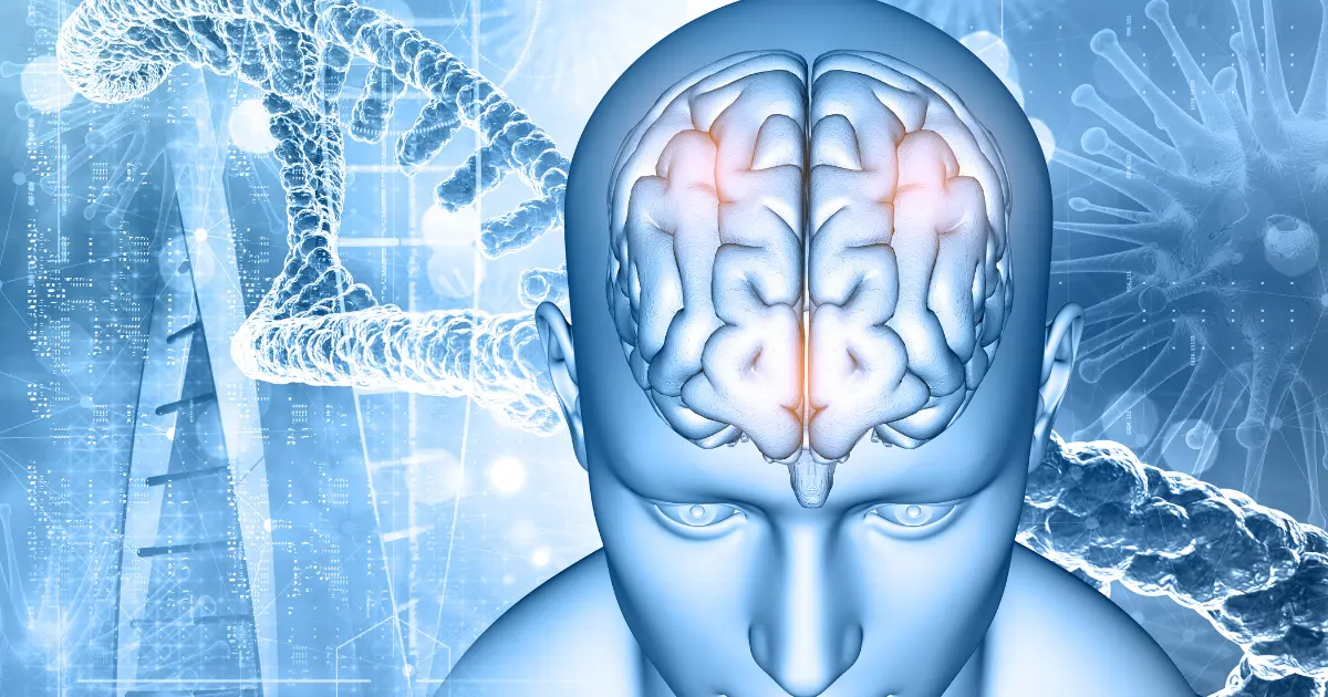 Illustration of the human brain with DNA strands in the background, depicting the concept of MSA genetic factors.