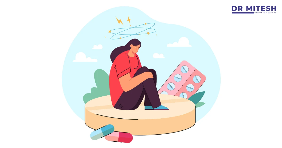 Illustration of a woman sitting with dizziness and pills nearby, representing Drug Induced Movement Disorder caused by medication effects on the brain.