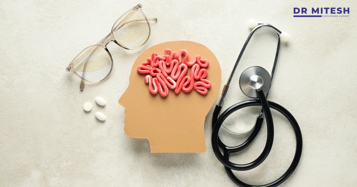 Illustration of a human head with a brain, pills, spectacles, and a stethoscope symbolizing Psychiatric Medicines and their effect on brain health.