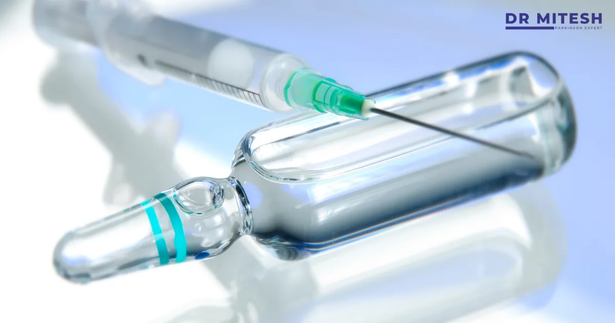 Botulinum injection used for medical problems shown with syringe and medication vial