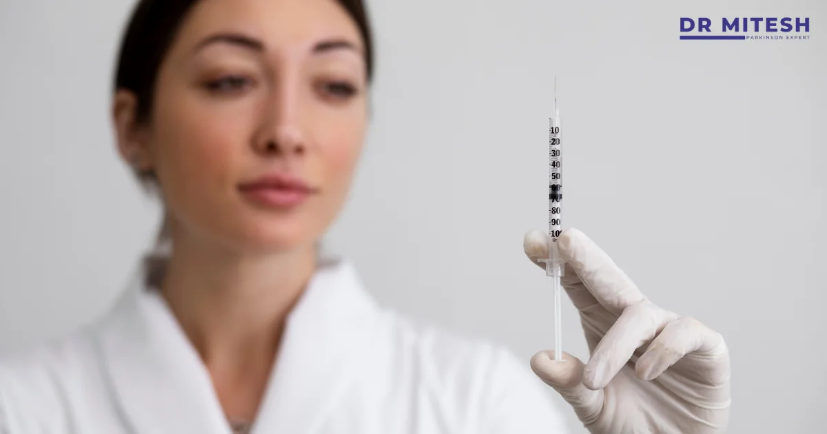 A Botulinum Injection Specialist holding a fine syringe, addressing patient concerns about injection pain before botulinum treatment.