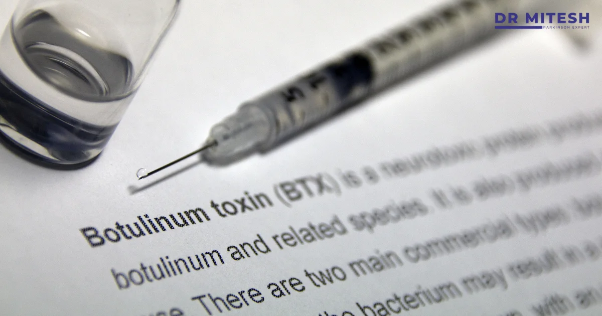 Syringe placed near a medical document explaining botulinum toxin, highlighting evaluation by a Botulinum Toxin Injection Specialist.