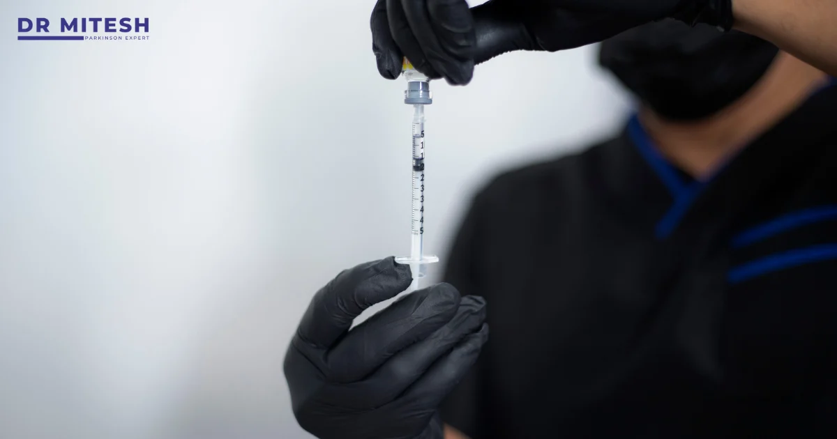 A Botulinum Injection Specialist preparing an injection while addressing patient thoughts about whether botulinum treatment can affect the mind or thinking.