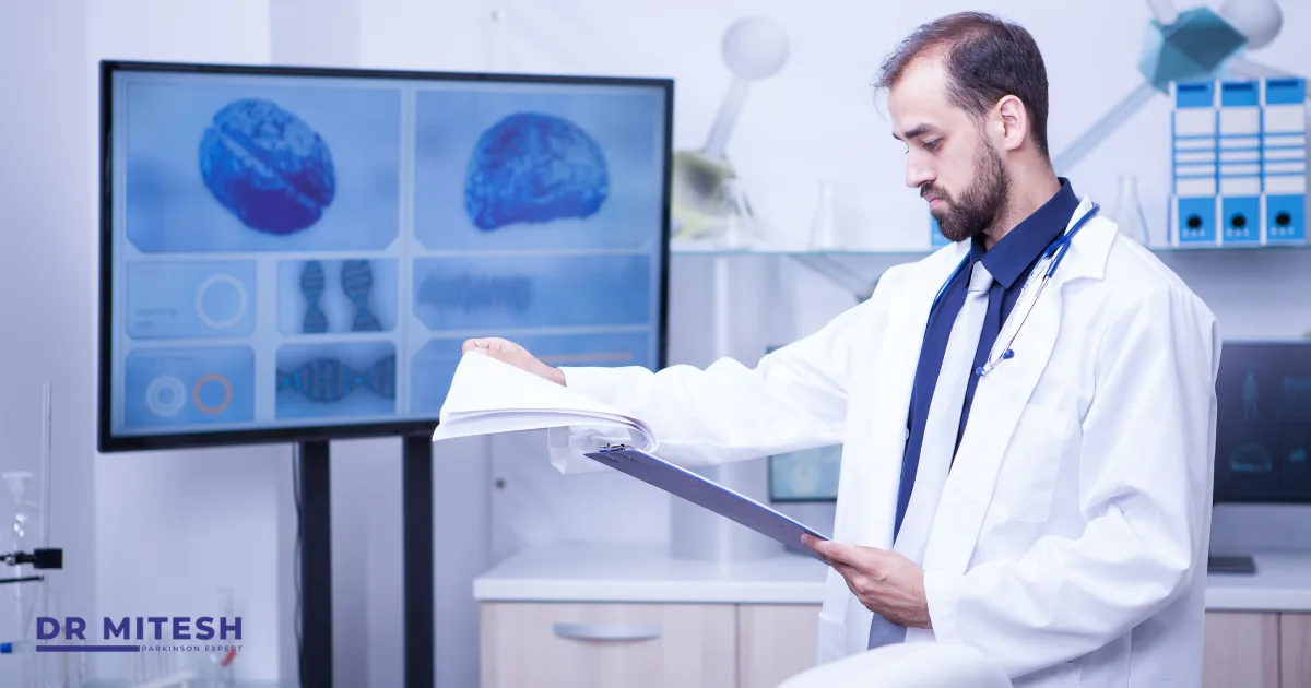 Consulting Neurologist reviewing patient reports and brain scans during a clinic visit