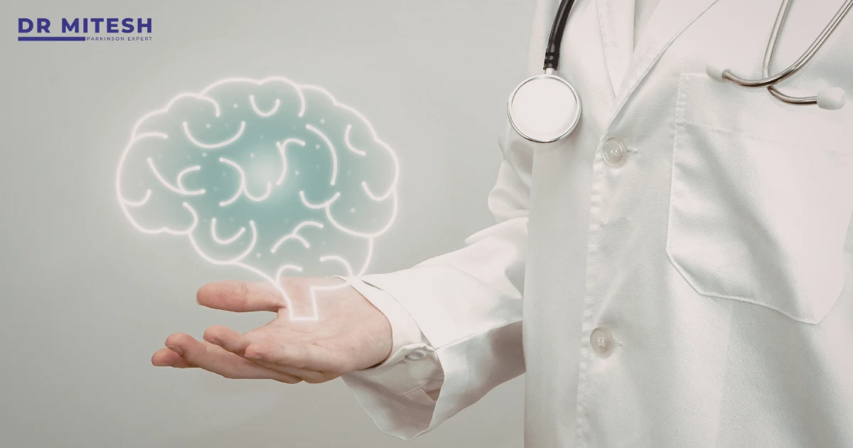 Healing & Neurological Evaluation symbolized by a neurologist presenting the brain with thoughtful medical care