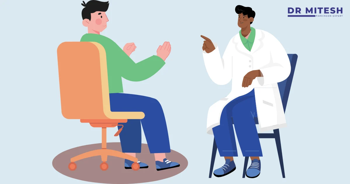 Patient discussing condition during a second opinion from neurologist consultation