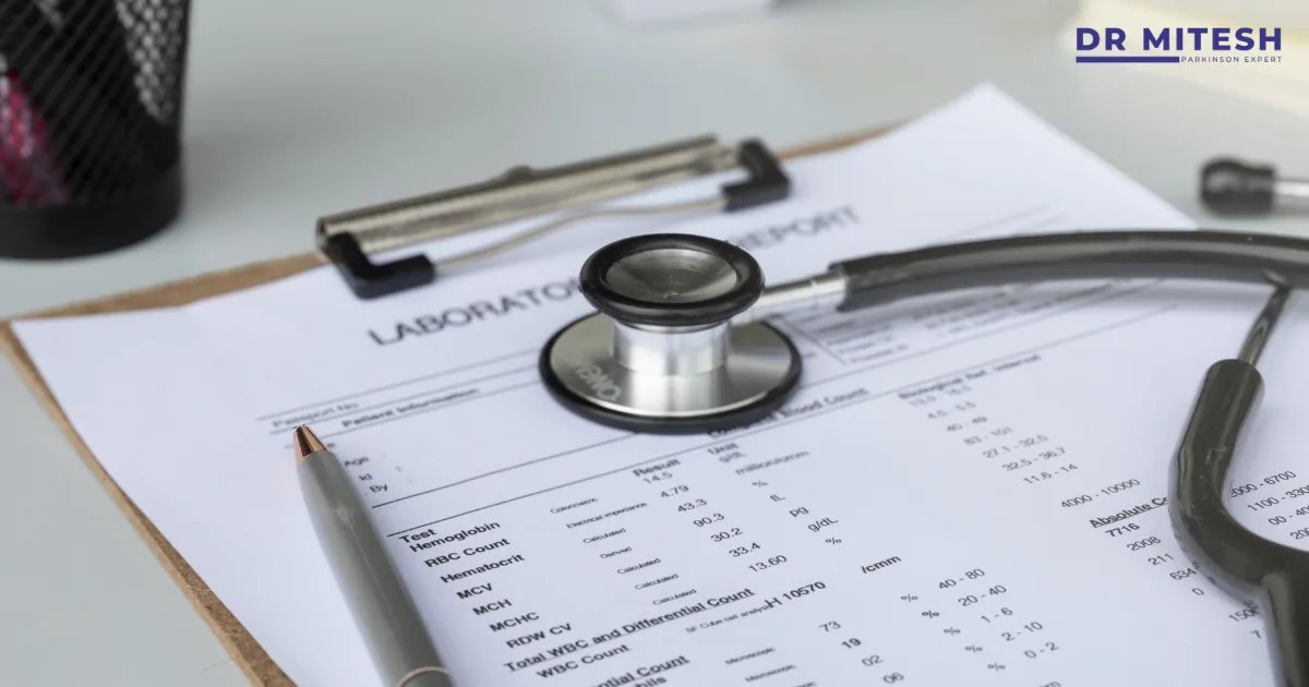 Written medical summary showing laboratory report and doctor’s notes during consultation
