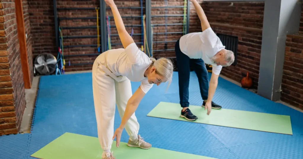 Older adults performing Parkinson's simple exercises to improve flexibility and balance