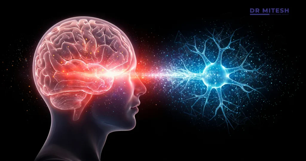 Illustration of deep brain stimulation showing brain activity connected to a neuron, representing DBS therapy for neurological disorders