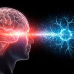 Illustration of deep brain stimulation showing brain activity connected to a neuron, representing DBS therapy for neurological disorders