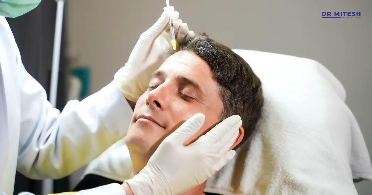 Doctor administering a botulinum toxin (Botox) injection on a patient’s forehead in a clinical setting for treating tremors or dystonia.