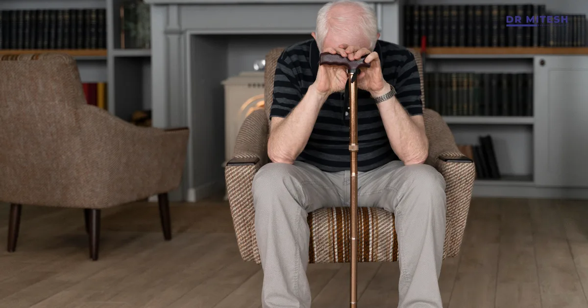 An elderly man sitting with a walking cane, appearing unsteady and concerned, representing balance problems and fall risk.