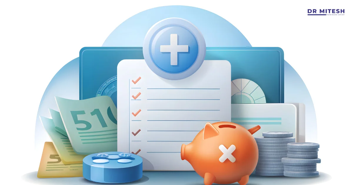 Cost of Parkinson’s Treatment in India concept showing medical checklist, medicines, piggy bank, and healthcare expenses