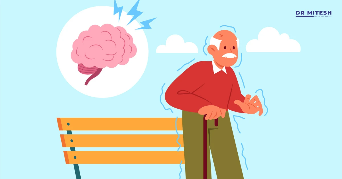 Elderly man with hand tremors standing near a bench, illustrating symptoms of Parkinson’s disease affecting movement and brain function