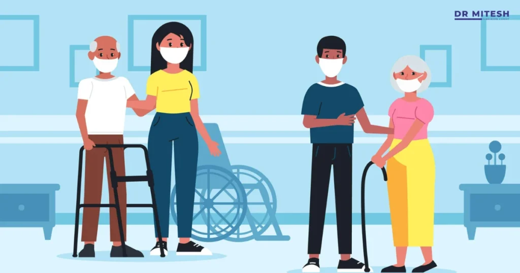 Patients recovering after DBS surgery with caregiver support, using walker and cane in a hospital setting