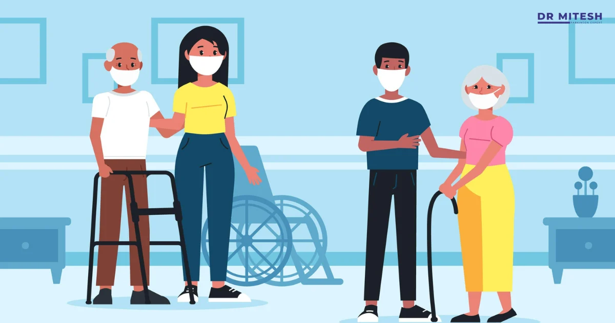 Patients recovering after DBS surgery with caregiver support, using walker and cane in a hospital setting