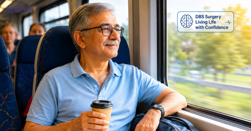 Person with a Deep Brain Stimulation (DBS) device comfortably traveling by train, looking out the window with confidence and independence while carrying a travel bag and coffee.