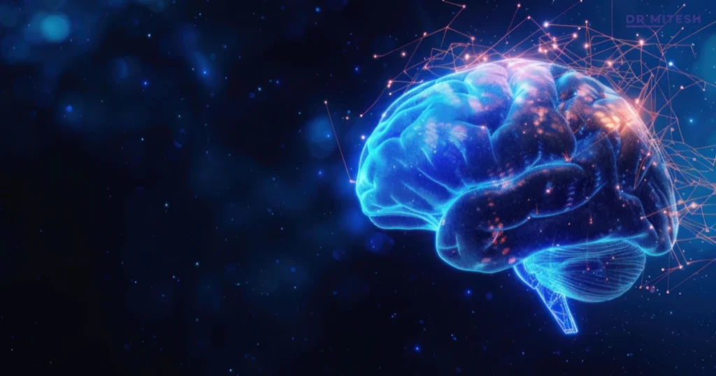 Digital illustration of human brain with neural connections representing MSA and Parkinson’s disease neurological disorders
