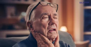 Elderly man with PSP experiencing swallowing difficulty and throat discomfort while sitting at home.